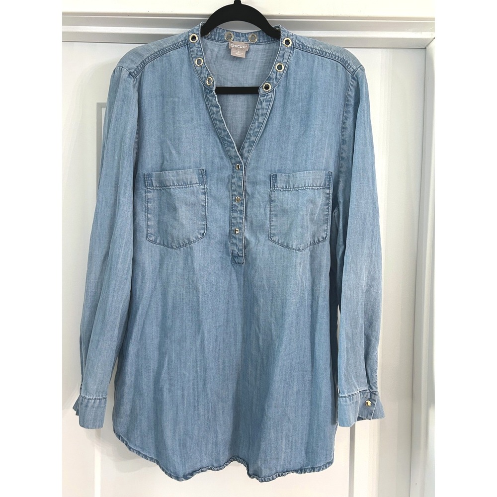 Chicos Light Wash Tencel Lyocell Grommet Neck Tunic Top Blue Size 2 US 12/14